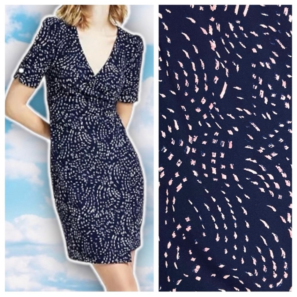DKNY Navy Blue & Light Pink Printed v-neck Office Dress